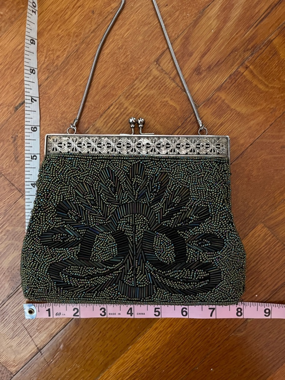 Beaded black iridescent Evening bag with Silver tone Frame